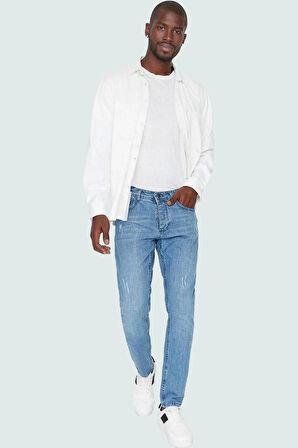 Erkek Slim Fit Dar Kesim Denim Kot Pantolon Yırtık Detaylı Casual Günlük Dayanıklı Malzeme