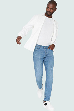 Erkek Slim Fit Dar Kesim Denim Kot Pantolon Yırtık Detaylı Casual Günlük Dayanıklı Malzeme