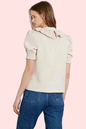 Kadın Kısa Kollu Basic Gömlek Yaka Bağlama Detaylı Viskoz Karışımlı Yazlık Günlük Kullanım