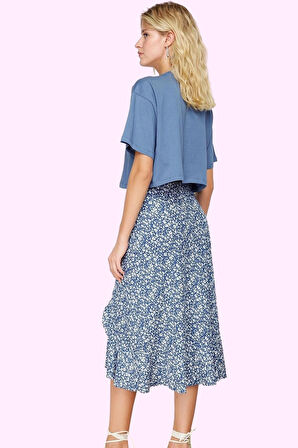 Kadın Çiçekli Desenli Midi Etek Yüksek Bel A line Yırtmaçlı Yazlık Yaz Aylarının Vazgeçilmezi