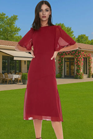 Şifon A Kesim Midi Elbise Astarlı Kısa Melek Kol Yazlık Günlük Kullanım İçin Kaliteli İşçilik