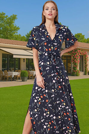 Kadın Çiçek Desenli Midi Gömlek Elbise Viskoz Kumaş Günlük Yazlık Kaliteli İşçilik Rahat Kullanım