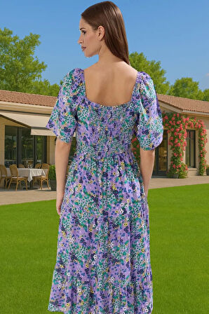 Yazlık A Kesim Balon Kollu Çiçek Desenli Midi Viskoz Elbise Günlük Kullanım İçin Trend Tasarım