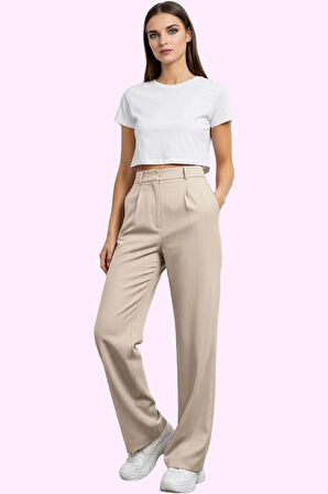 Kadın Geniş Paça Pileli Dokuma Pantolon Yüksek Bel Casual Günlük Yaz Aylarının Vazgeçilmezi