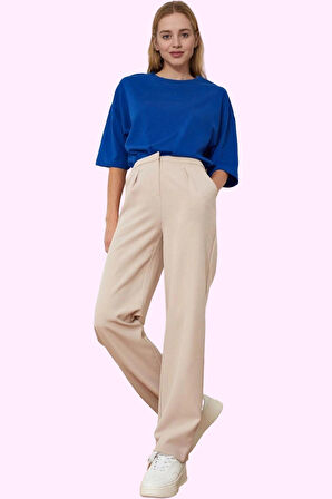 Kadın Geniş Paça Pileli Dokuma Pantolon Yüksek Bel Casual Günlük Yaz Aylarının Vazgeçilmezi