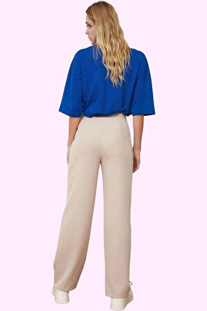 Kadın Geniş Paça Pileli Dokuma Pantolon Yüksek Bel Casual Günlük Yaz Aylarının Vazgeçilmezi