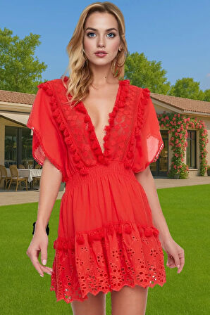 Pamuk Mini Plaj Elbisesi V Yaka Brode Detaylı Yazlık Trend Tasarım Özel Tasarım Kaliteli İşçilik