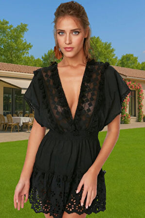 Pamuk Mini Plaj Elbisesi V Yaka Brode Detaylı Yazlık Trend Tasarım Özel Tasarım Kaliteli İşçilik