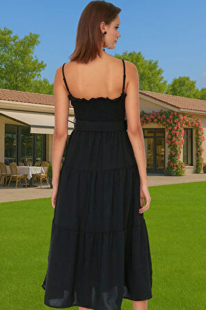 Kadın Midi Boy Askılı Pileli Bel Kemerli Polyester Günlük Elbise Profesyonel Görünüm Özenle Seçilmiş