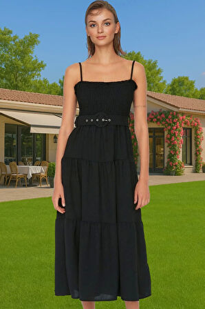 Kadın Midi Boy Askılı Pileli Bel Kemerli Polyester Günlük Elbise Profesyonel Görünüm Özenle Seçilmiş