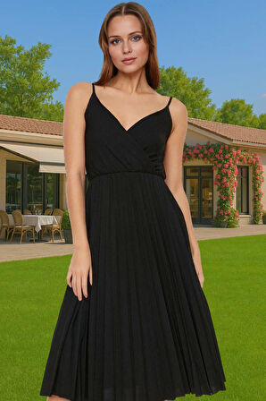 Pileli Midi Elbise Polyester Örme Yazlık Günlük Şık Özenle Seçilmiş Modern Stil Zarifane Tasarım