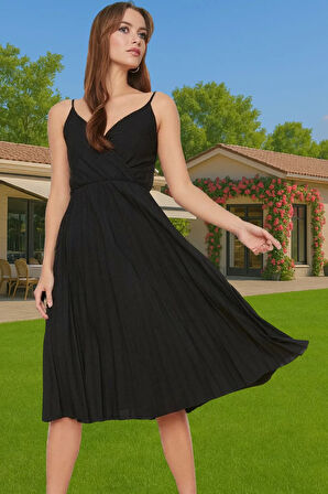 Pileli Midi Elbise Polyester Örme Yazlık Günlük Şık Özenle Seçilmiş Modern Stil Zarifane Tasarım