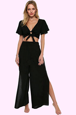 Kadın Yüksek Bel Geniş Paça Dokuma Pantolon Pamuklu Yaz Aylarının Vazgeçilmezi Günlük Kullanım