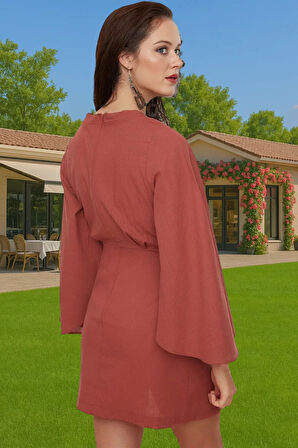 Yazlık Kadın Mini Plaj Elbisesi Pamuklu Flamlı Dokuma V Yaka Günlük Kullanım İçin Zarifane Tasarım