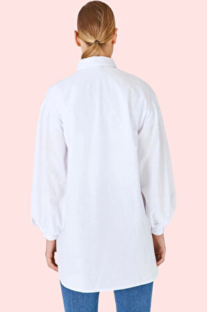 Kadın Balon Kol Uzun Gömlek Düz Desen Basic Relaxed Kalıp Günlük Kullanım Kaliteli Malzeme