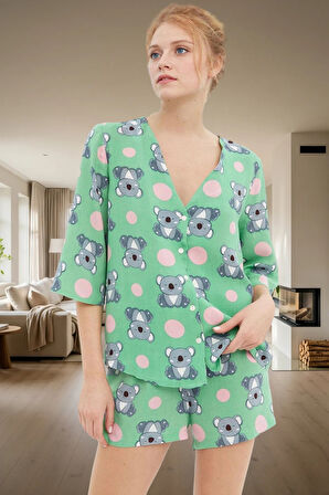 Kadın Koala Desenli Viskoz Pijama Takımı Şortlu Düğmeli Rahat Yazlık Kaliteli İşçilik Kullanım
