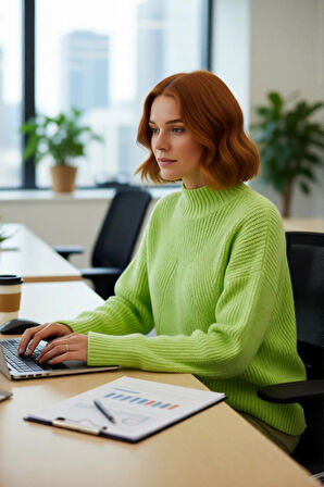 Kadın Gri Oversize Dik Yaka Akrilik Selanik Dokuma Uzun Kollu Basic Triko Kazak Kaliteli Şık