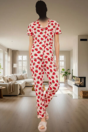 Kadın Çilek Desenli Örme Pijama Takımı Rahat Uyku Seti Dayanıklı Malzeme Uzun Ömürlü