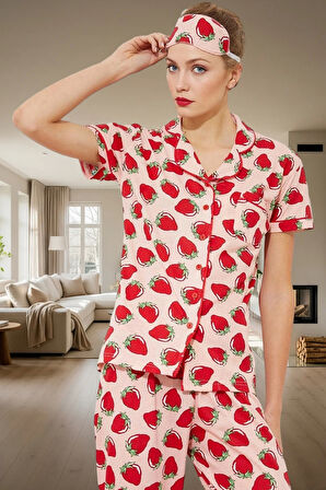 Kadın Çilek Desenli Örme Pijama Takımı Rahat Uyku Seti Dayanıklı Malzeme Uzun Ömürlü