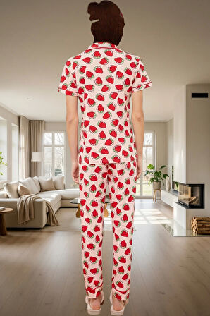 Kadın Çilek Desenli Örme Pijama Takımı Rahat Uyku Seti Dayanıklı Malzeme Uzun Ömürlü