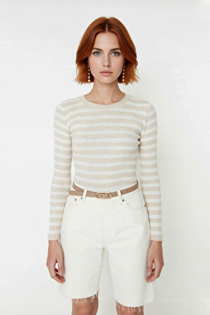 Kadın Bisiklet Yaka Çizgili Fitted Akrilik Triko Uzun Kol Basic Günlük Kazak Stili Kaliteli