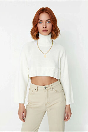 Kadın Ekru Oversize Dik Yaka Triko Kazak Basic Düşük Kol Uzun Boy Kışlık Günlük Şıklık Kaliteli