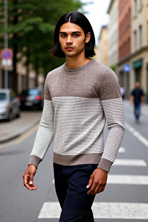 Erkek Slim Fit Bisiklet Yaka Çizgili Triko Kazak Kış Günleri İçin Modern ve Rahat Bir Seçenek