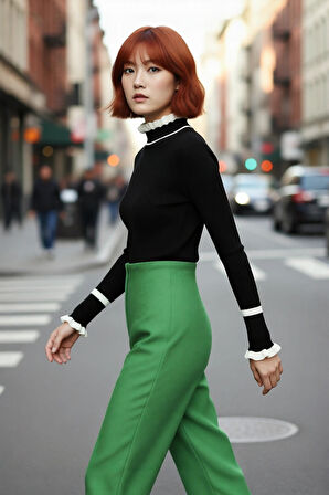 Kadın Renk Bloklu Dik Yaka Fitilli Triko Kazak Kış Günleri İçin Şık Ve Rahat Basic Model Seçeneği