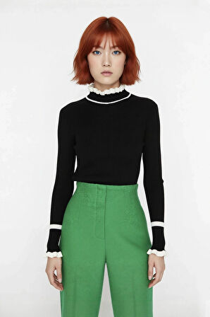 Kadın Renk Bloklu Dik Yaka Fitilli Triko Kazak Kış Günleri İçin Şık Ve Rahat Basic Model Seçeneği