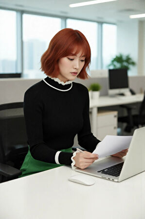 Kadın Renk Bloklu Dik Yaka Fitilli Triko Kazak Kış Günleri İçin Şık Ve Rahat Basic Model Seçeneği