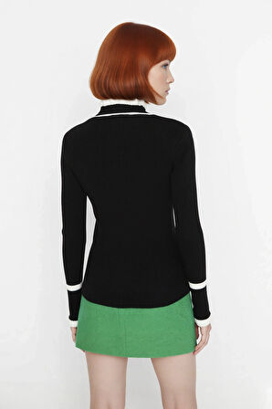 Kadın Renk Bloklu Dik Yaka Fitilli Triko Kazak Kış Günleri İçin Şık Ve Rahat Basic Model Seçeneği