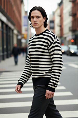 Erkek Oversize Bisiklet Yaka Çizgili Triko Kazak Fitilli Dokuma Uzun Kollu Basic Rahat Kesim