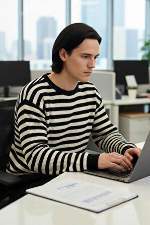 Erkek Oversize Bisiklet Yaka Çizgili Triko Kazak Fitilli Dokuma Uzun Kollu Basic Rahat Kesim