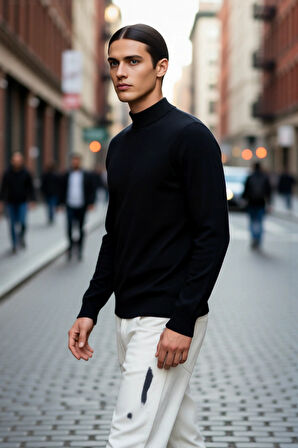 Erkek Fitted %100 Pamuk Yarım Balıkçı Yaka Basic Triko Kazak Kış Şıklığı İçin İdealdir Kaliteli