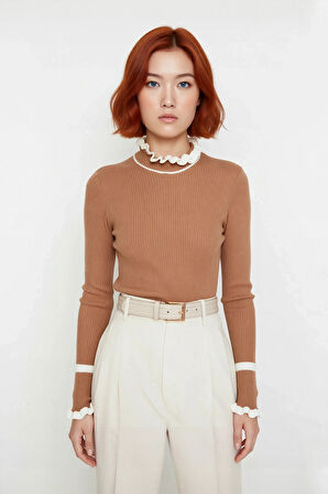 Kadın Renk Bloklu Dik Yaka Fitilli Triko Kazak Kış Günleri İçin Şık Ve Rahat Basic Model Seçeneği