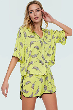 Şık Animal Desenli Viskoz Gömlek Şort Takım Yazlık Plaj Modası Kaliteli İşçilik