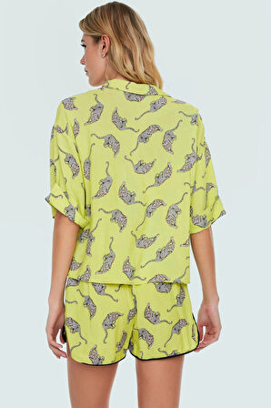 Şık Animal Desenli Viskoz Gömlek Şort Takım Yazlık Plaj Modası Kaliteli İşçilik