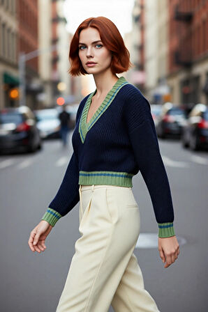 Kadın Oversize V Yaka Renk Bloklu Triko Kazak Soğuk Havalar İçin Basic Crop Uzun Kol Stil.