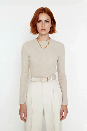 Kadın Fitted Bisiklet Yaka Uzun Kollu Triko Kazak Basic Düz Desen Akrilik Materyal Kış Konforu