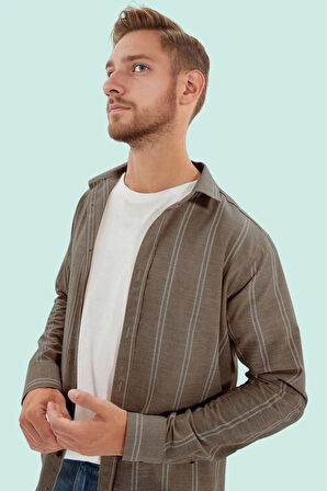 Erkek Slim Fit İnce Çizgili Gömlek Yaka Düğmeli Uzun Kollu Günlük Yaz Aylarının Vazgeçilmezi