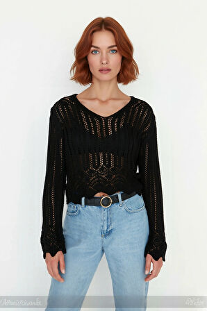 Kadınlar İçin Ajurlu V Yaka Triko Kazak Regular Kalıp Uzun Kol Basic Tasarım Şık Görünüm Kaliteli