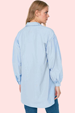 Kadın Balon Kol Uzun Gömlek Düz Desen Basic Relaxed Kalıp Günlük Kullanım Kaliteli Malzeme