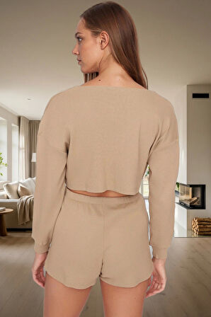 Kadın Örme Pijama Takımı Rahat Kalıp Uzun Kollu Kısa Şort Kullanım Mükemmel Uyum