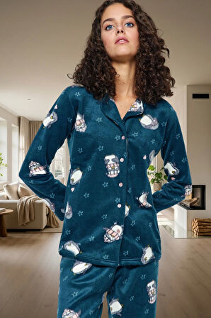 Kadın Kışlık Polar Penguen Desenli Pijama Takımı Rahat Uyku İçin Konforlu Kesim Modern Stil
