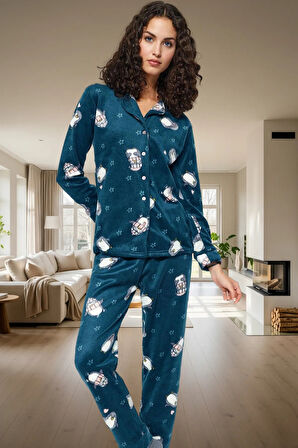 Kadın Kışlık Polar Penguen Desenli Pijama Takımı Rahat Uyku İçin Konforlu Kesim Modern Stil