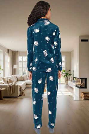 Kadın Kışlık Polar Penguen Desenli Pijama Takımı Rahat Uyku İçin Konforlu Kesim Modern Stil