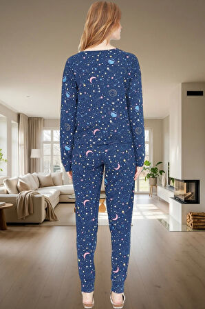 Kadın Uzun Kollu Pamuklu Pijama Takımı Galaksi Desenli Kış İçin Rahat Özenle Seçilmiş Premium Kalite
