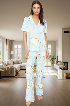 Kadın Pamuklu Çiçek Desenli Pijama Takımı Rahat Kalıp Uzun Paça Modern Stil Kaliteli İşçilik