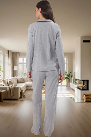 Kadın Pamuklu Örme Pijama Takımı Uzun Kollu Regular Kalıp Boru Paça Ev Giyim Trend Tasarım