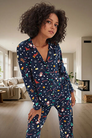 Kadın Kışlık Baskılı Pamuklu Pijama Takımı Rahat Kalıp Uzun Paça Homewear Yüksek Kalite Konforlu Kesim